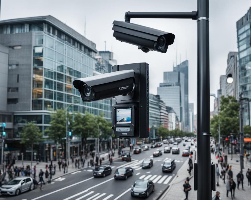 Bewakingsscamera met AI-toepassingen in een stedelijke omgeving