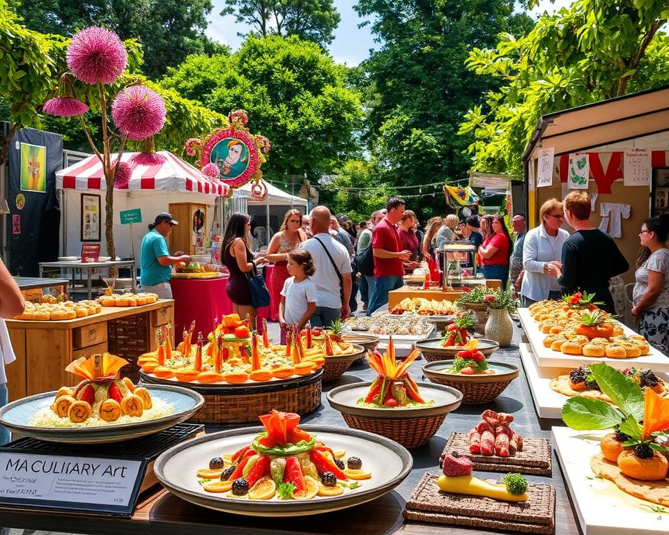 Bezoek een culinair kunstfestival met eten en exposities