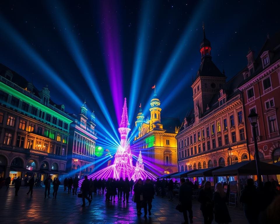 Ga naar een lichtshow in een historisch stadscentrum