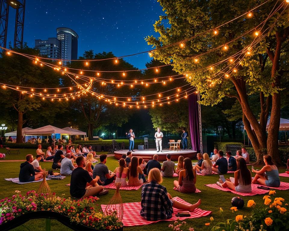 Ga naar een openlucht theateravond in een stadspark