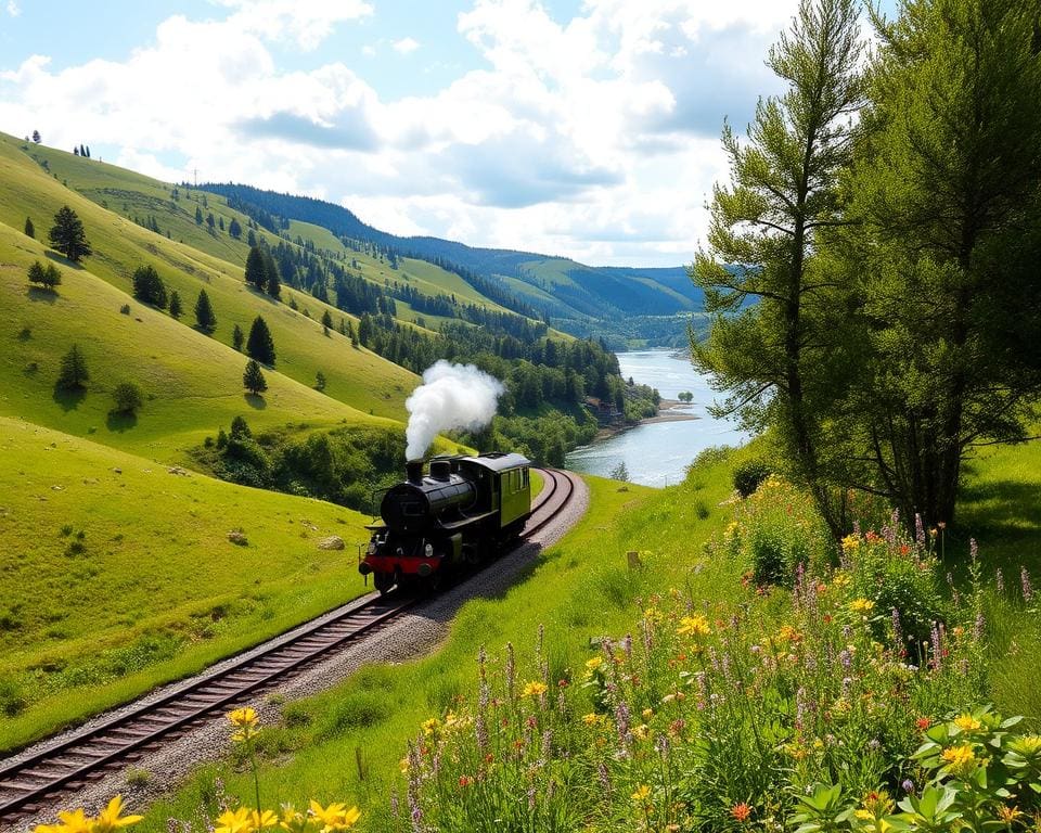 Ga naar een stoomtreinrit door een schilderachtig landschap