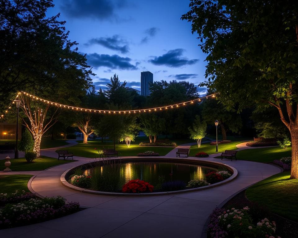 Geniet van een avondwandeling door een verlicht stadspark