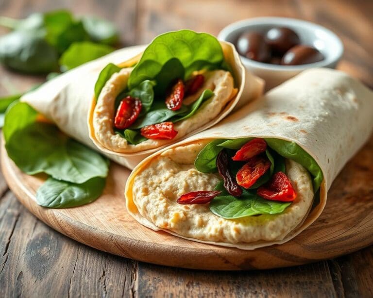 Wrap met hummus, spinazie en zongedroogde tomaten