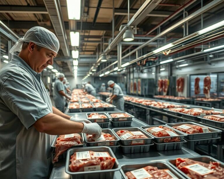 Wat doet een inpakmedewerker in een vleesfabriek?